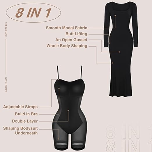 Shape Dress, Mini Built-in Shape Bra 8 in 1 Women's Lounge long sleeve dress