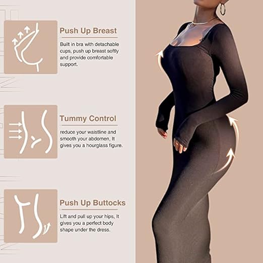 Shape Dress, Mini Built-in Shape Bra 8 in 1 Women's Lounge long sleeve dress