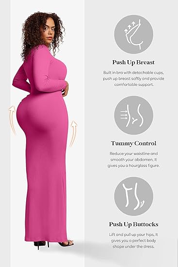 Shape Dress, Mini Built-in Shape Bra 8 in 1 Women's Lounge long sleeve dress