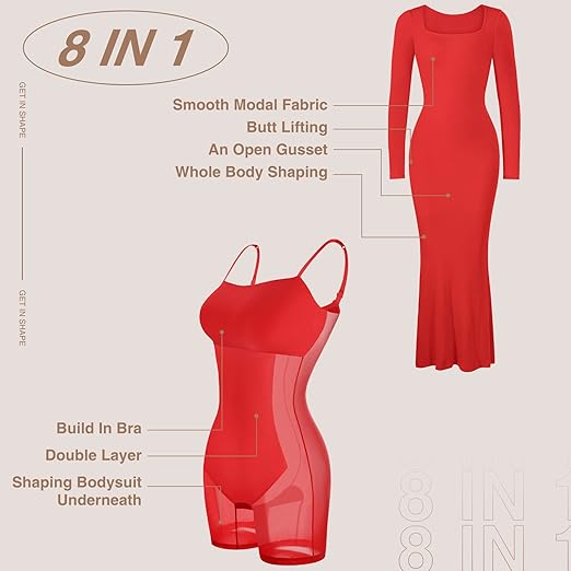 Shape Dress, Mini Built-in Shape Bra 8 in 1 Women's Lounge long sleeve dress