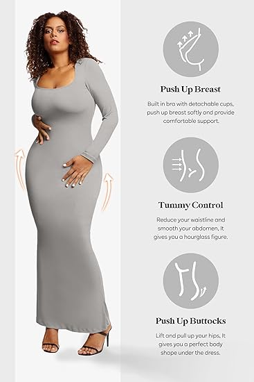 Shape Dress, Mini Built-in Shape Bra 8 in 1 Women's Lounge long sleeve dress