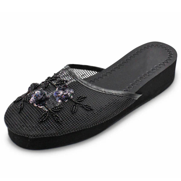 Women's floral beaded mesh slippers