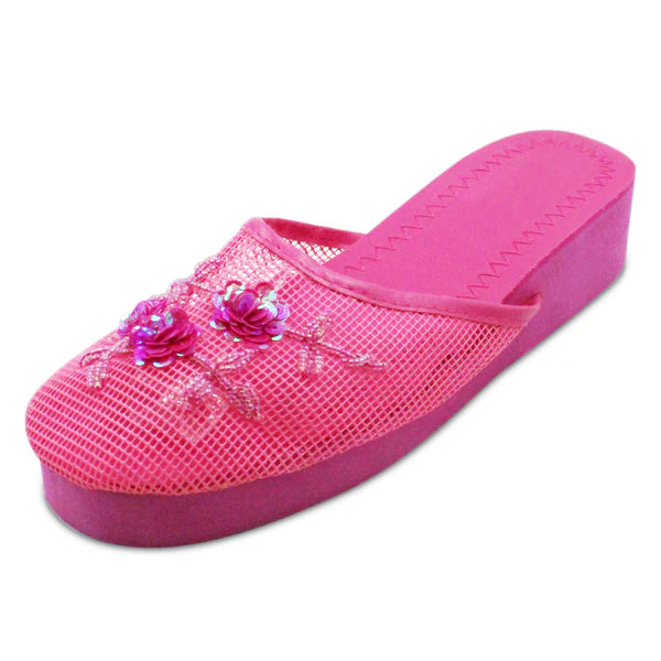 Women's floral beaded mesh slippers