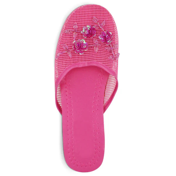 Women's floral beaded mesh slippers