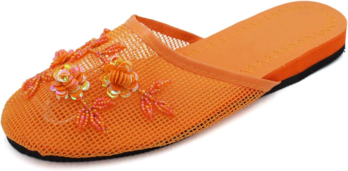 Women's floral beaded mesh slippers