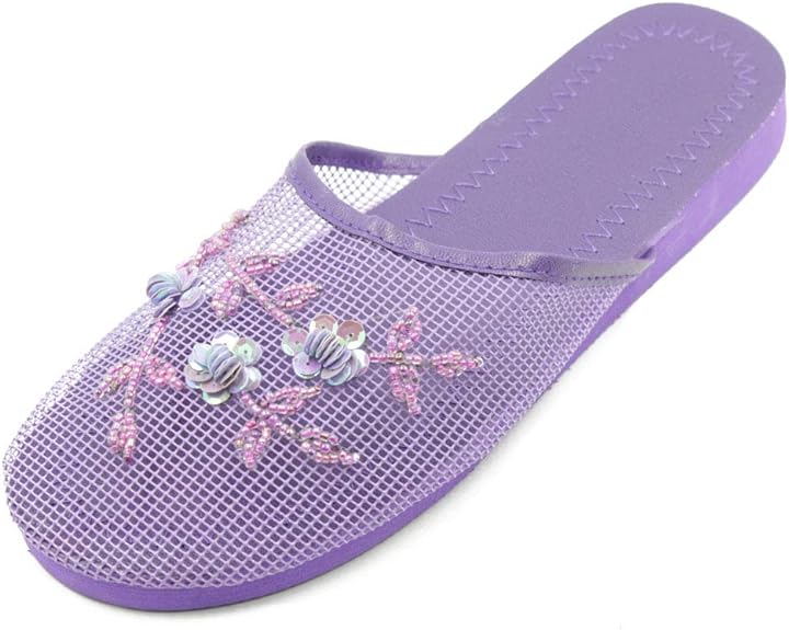 Women's floral beaded mesh slippers