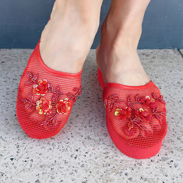 Women's floral beaded mesh slippers