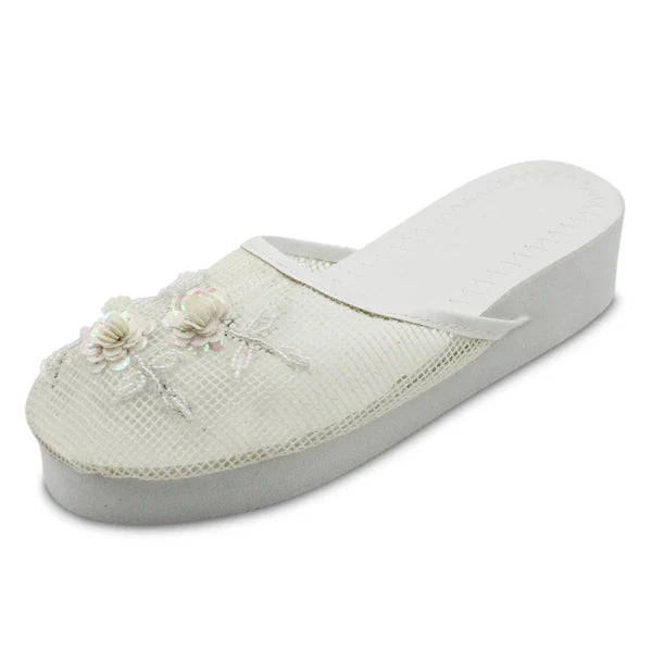 Women's floral beaded mesh slippers